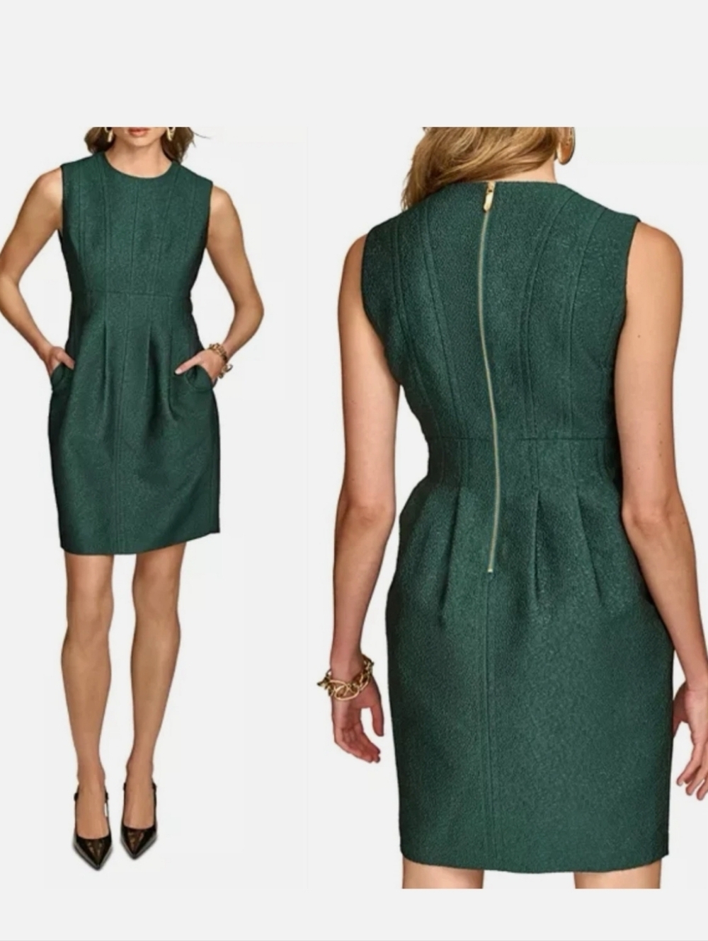 Donna Karan New York DKNY Green Tweed Sheath Dress Sz 4 Sleeveless Metallic
